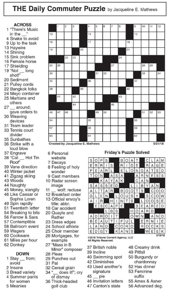 Daily Commuter Crossword Puzzle Printable Pdf