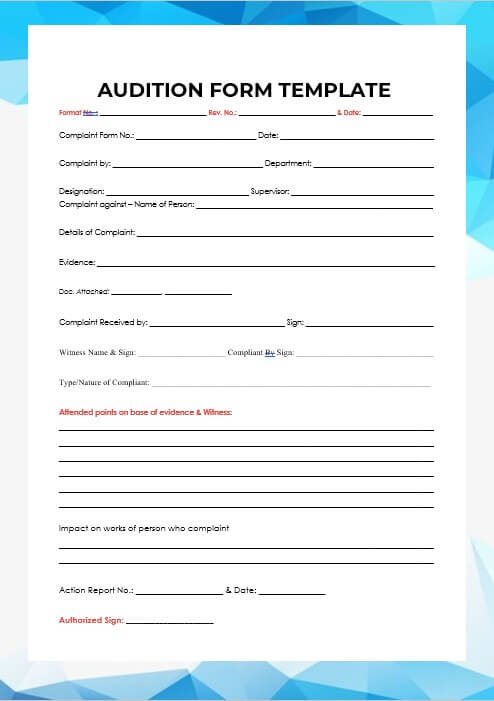10 Audition Form Template Room Surf