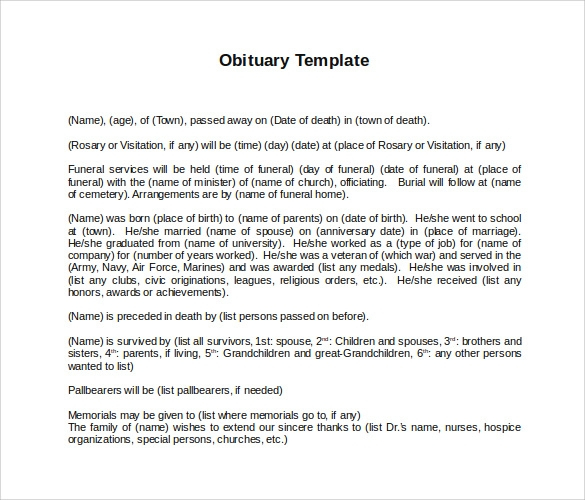 13 Printable Obituary Templates Sample Templates