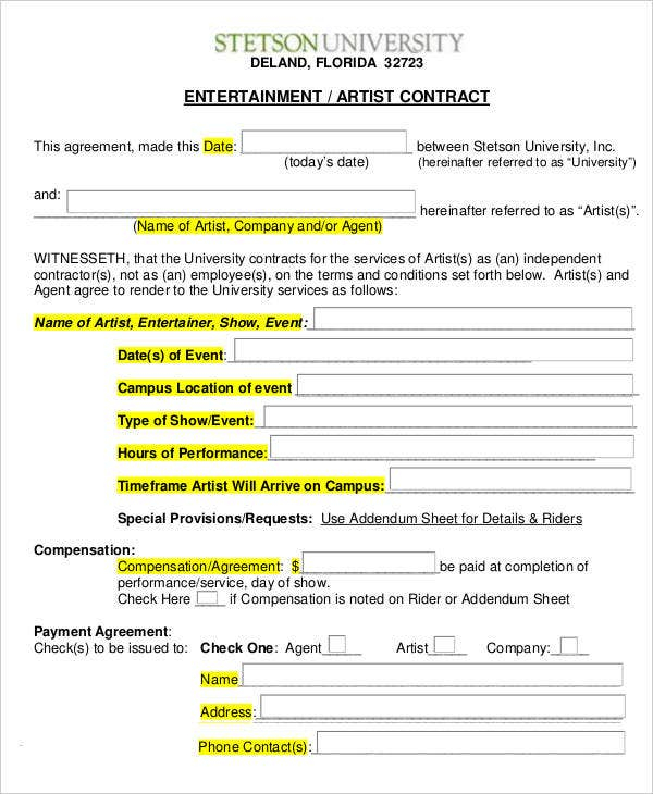 14 Artist Contract Templates Word PDF Apple Pages Free