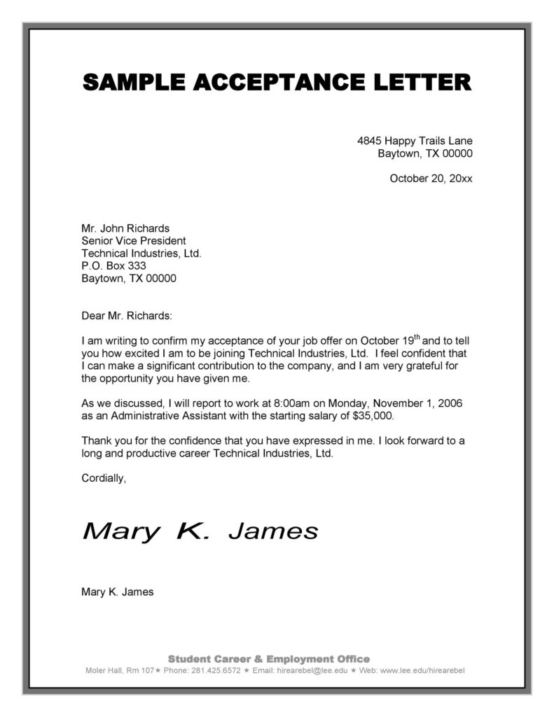 40 Professional Job Offer Acceptance Letter Email Templates TemplateLab