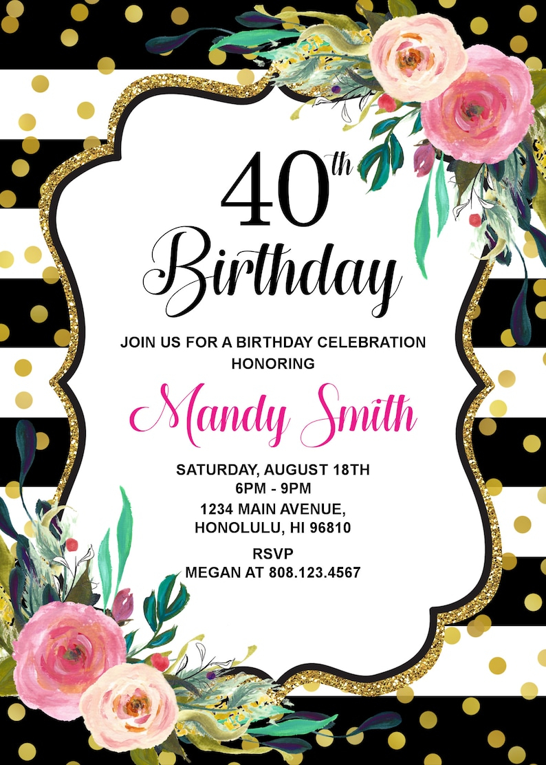 40th Birthday Invitation Women Birthday Invitation Pink Floral Etsy