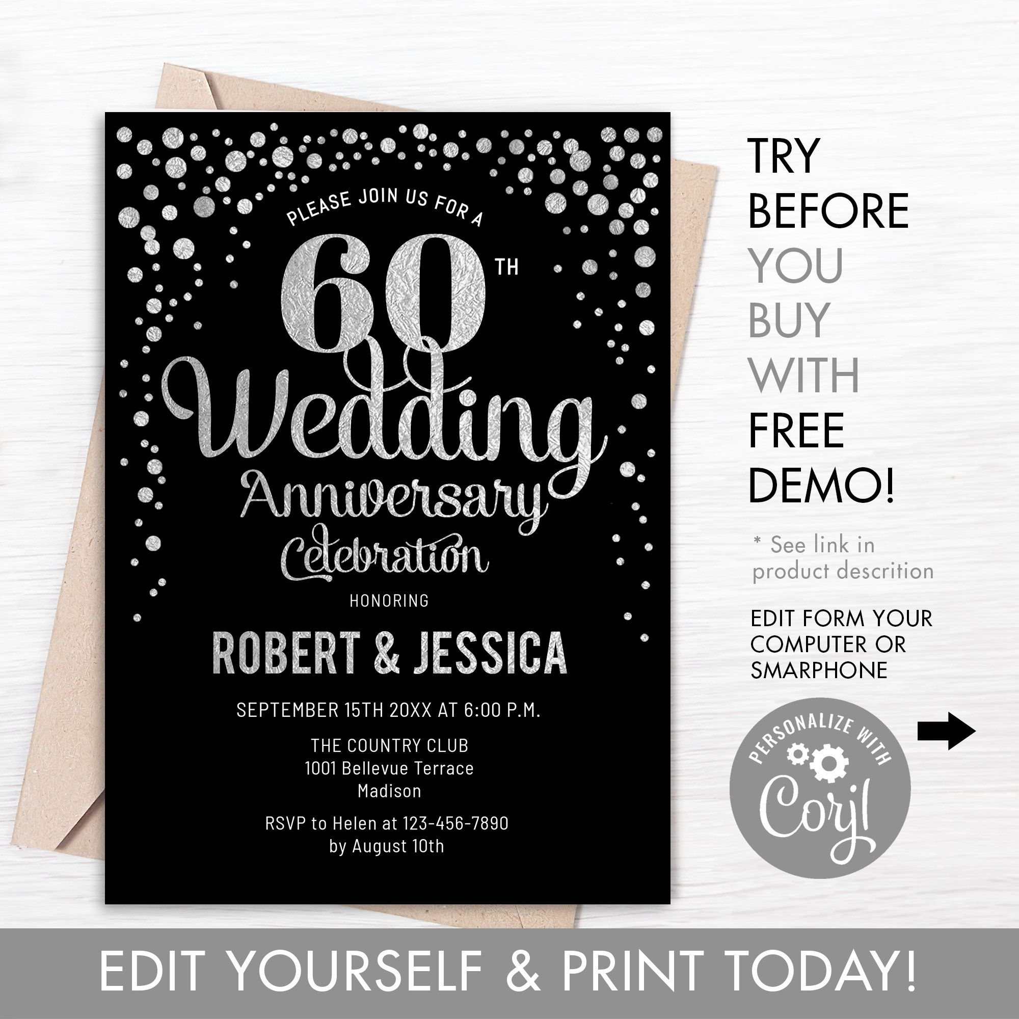 60th Wedding Anniversary Party Invitation INSTANT DOWNLOAD Etsy