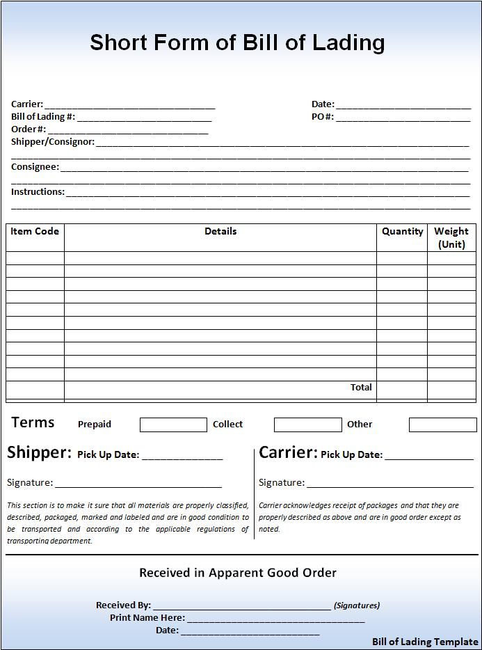 7 Bill Of Lading Templates Free Word Templates