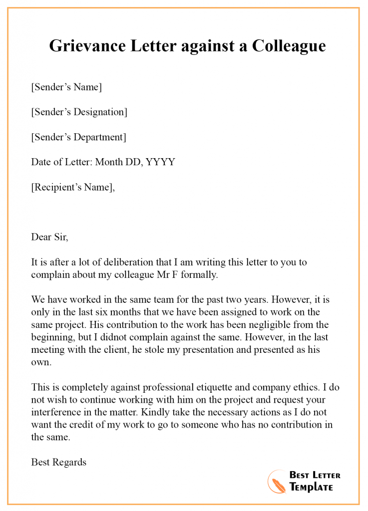 8 Free Grievance Letter Template Format Sample Example