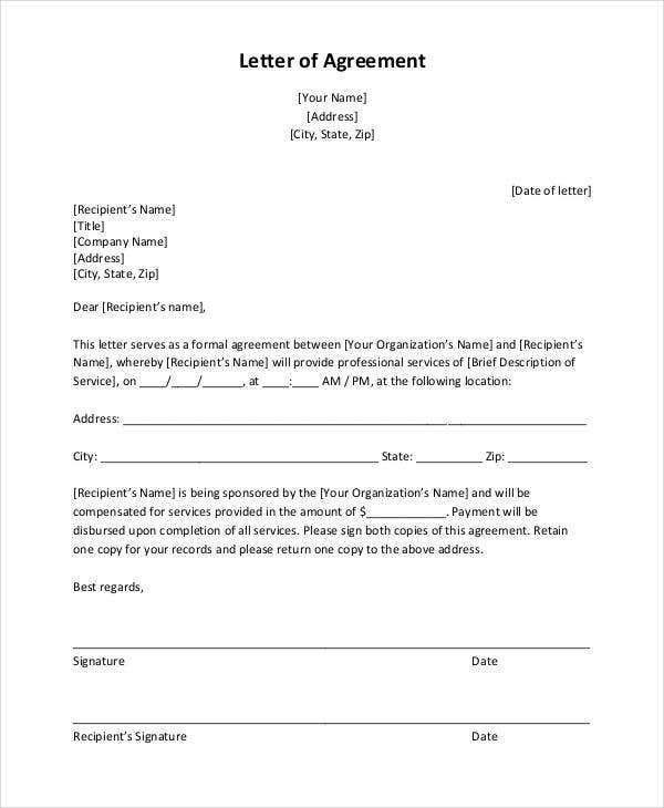 Agreement Letter Template 14 Free Sample Example Format Download