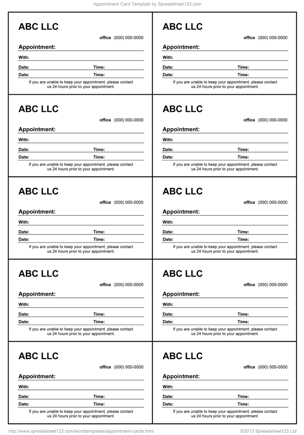Appointment Card Template For Word
