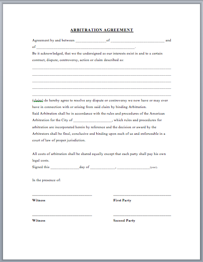Arbitration Agreement Template Word Templates