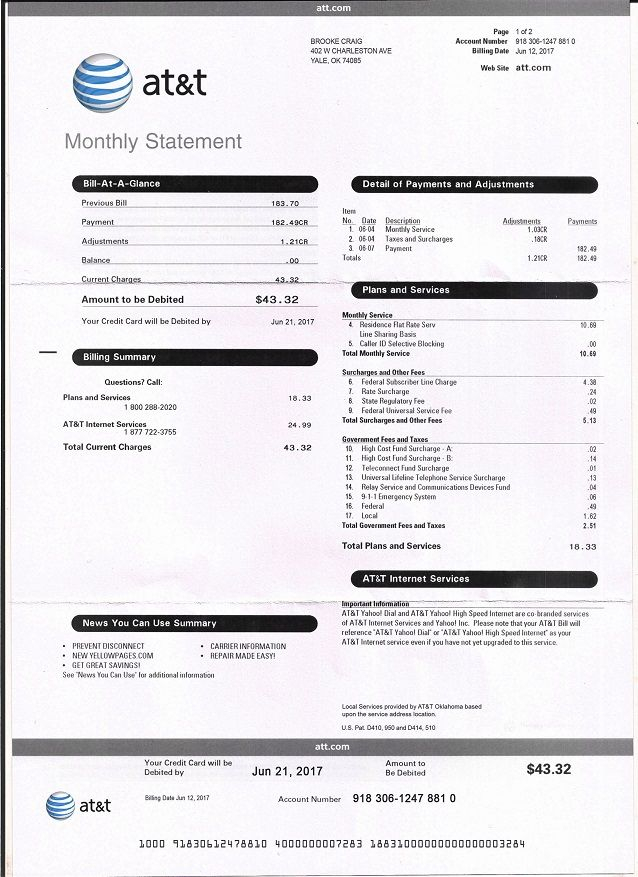 AT T Phone Bill Utility Statement Gas Electric Water Internet