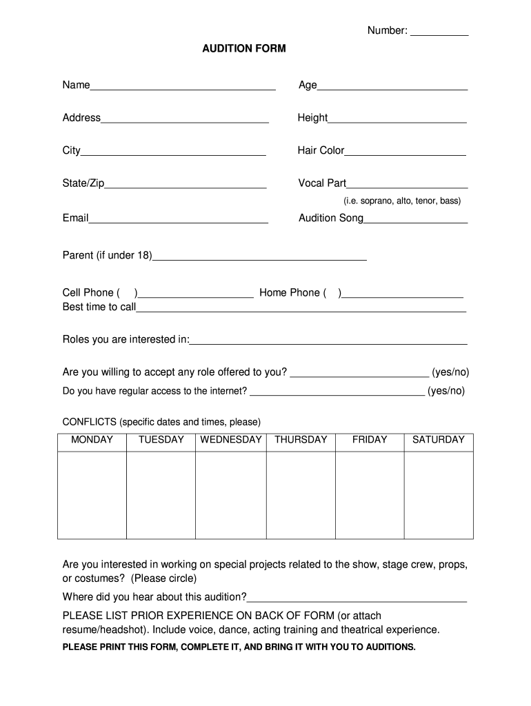 Audition Form Template Fill Online Printable Fillable Blank