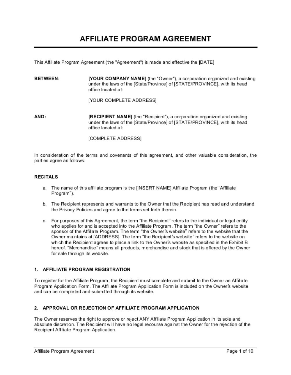 Basic Affiliate Agreement Template Free Download In 2020 Contract 