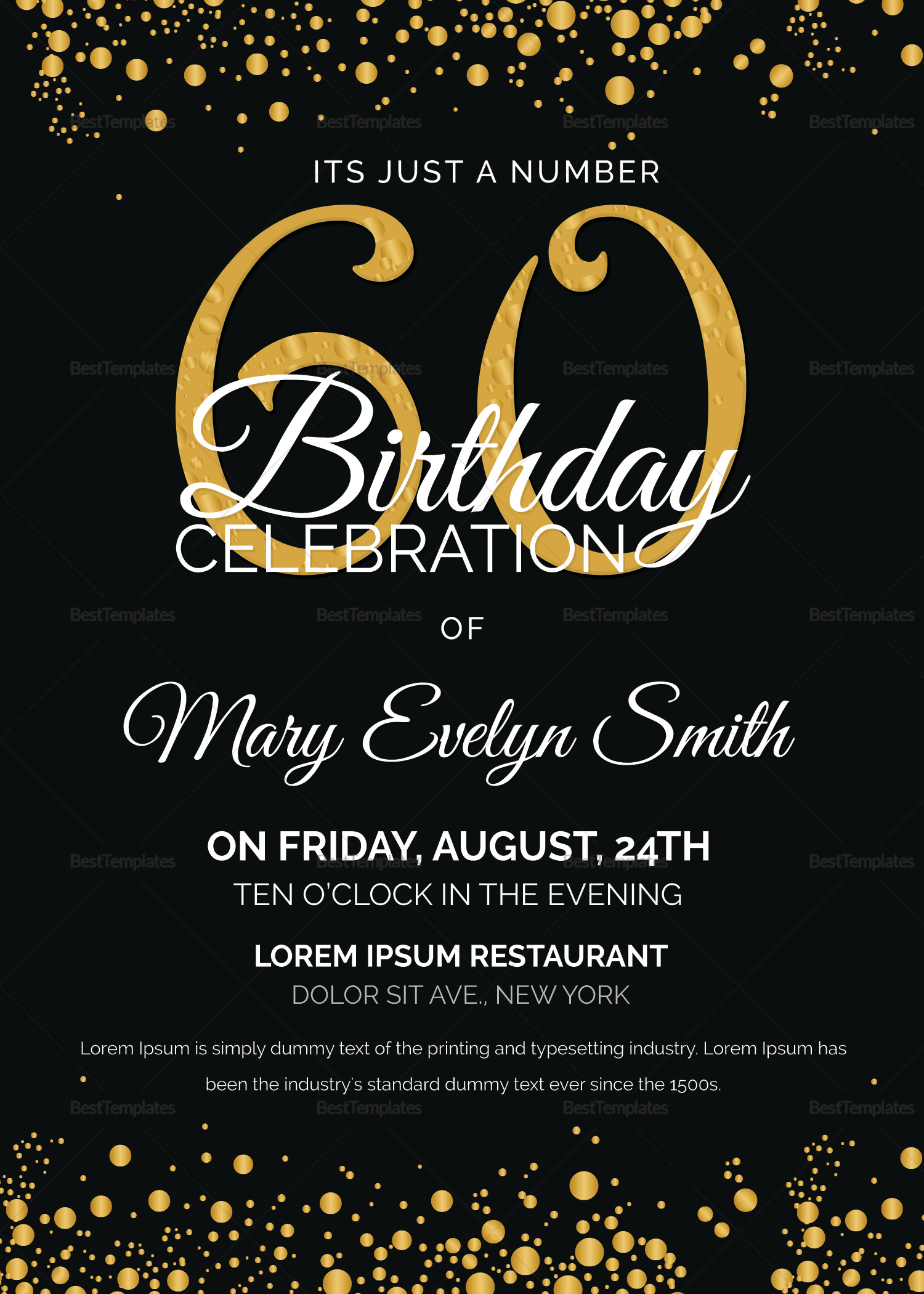 Black And Gold 60th Birthday Party Invitation Design Template In Word