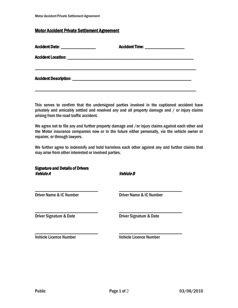 Car accident private settlement agreement form templates DOC