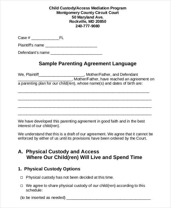 Co Parenting Plan Template Elegant Parenting Agreement Templates 8 Free