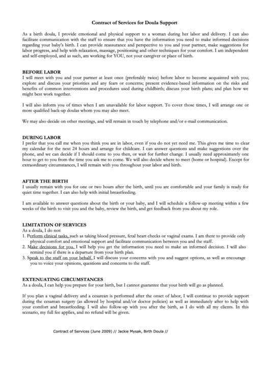 Contract Of Services For Doula Support Printable Pdf Download