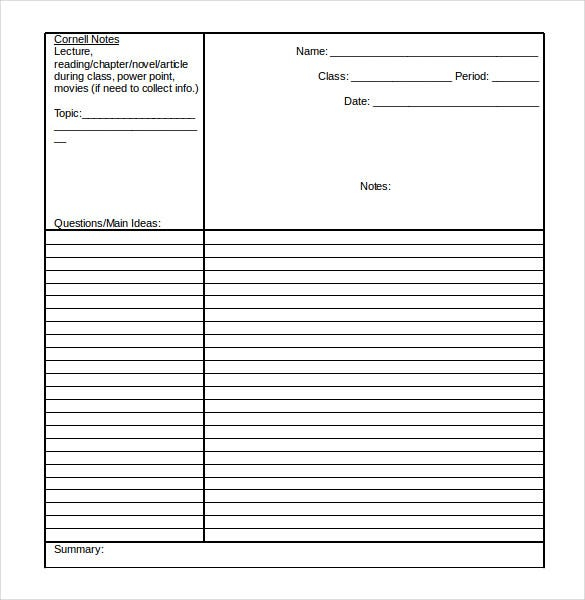 Cornell Notes Taking 5 Free Sample Example Format Download Free