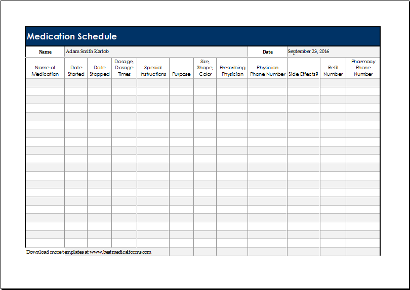DAILY MEDICATION SCHEDULE Template For EXCEL Printable Medical Forms