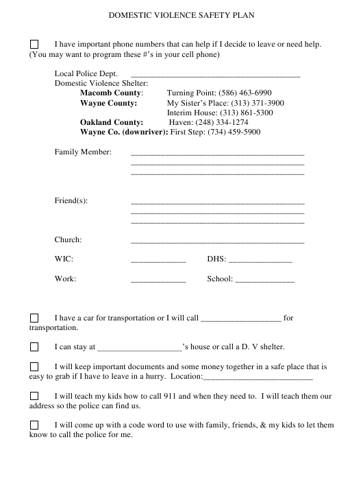 Domestic Violence Safety Plan Template Download Printable PDF