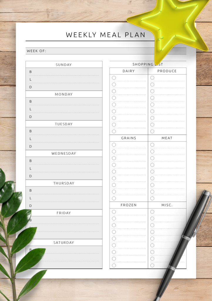 Download Printable Weekly Meal Plan With Shopping List Original Style PDF