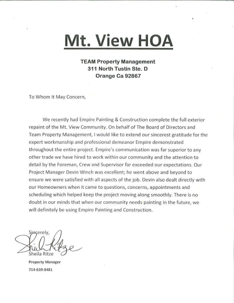 EmpireWorks Reviews And Resources Mt View HOA Reference Letter