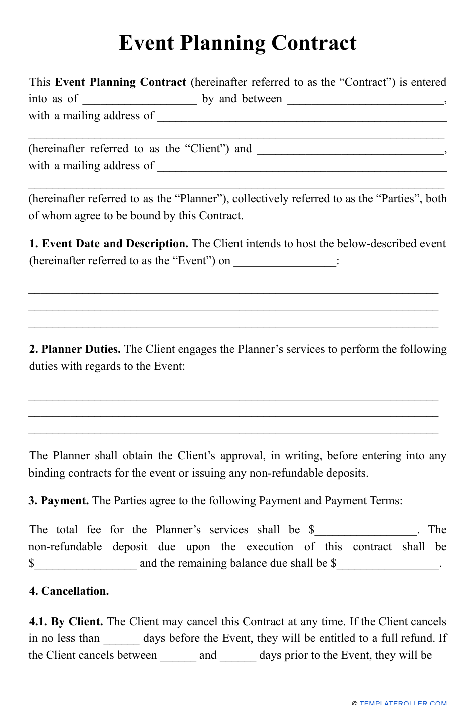 Event Planning Contract Template Download Printable PDF Templateroller