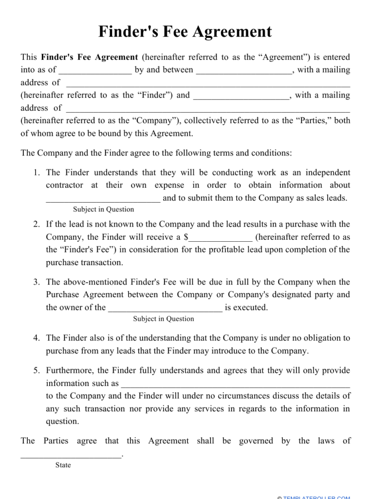 Finder s Fee Agreement Template Download Printable PDF Templateroller