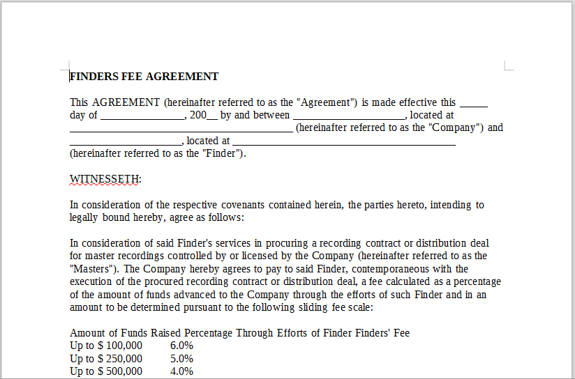 FINDERS FEE AGREEMENT OnlineMusicContracts Com