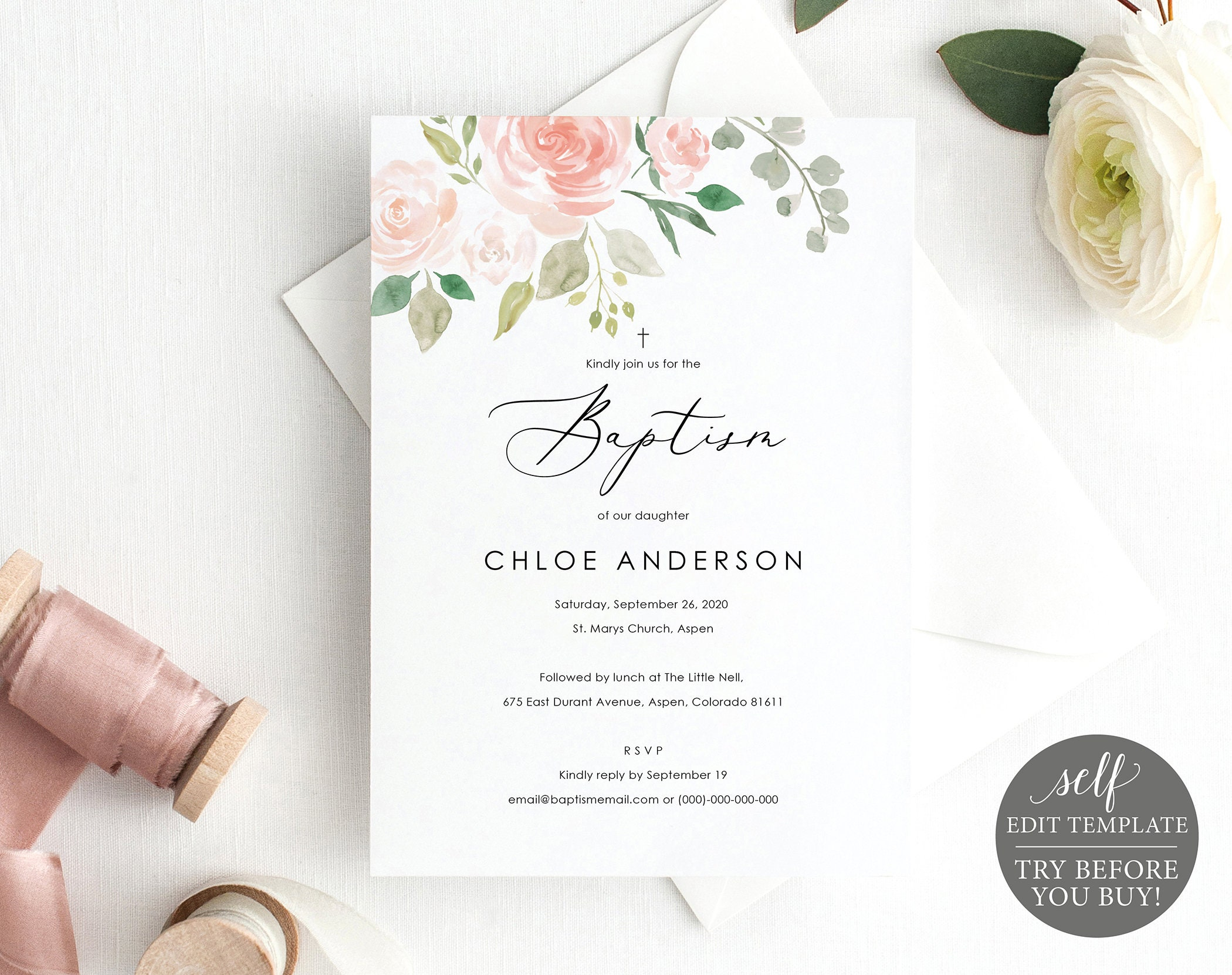Floral Baptism Invitation Template TRY BEFORE You BUY Printable 
