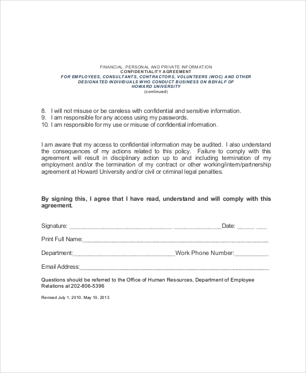 FREE 10 Sample HR Confidentiality Agreement Templates In PDF MS Word