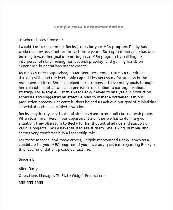 FREE 10 Sample MBA Recommendation Letter Templates In PDF MS Word