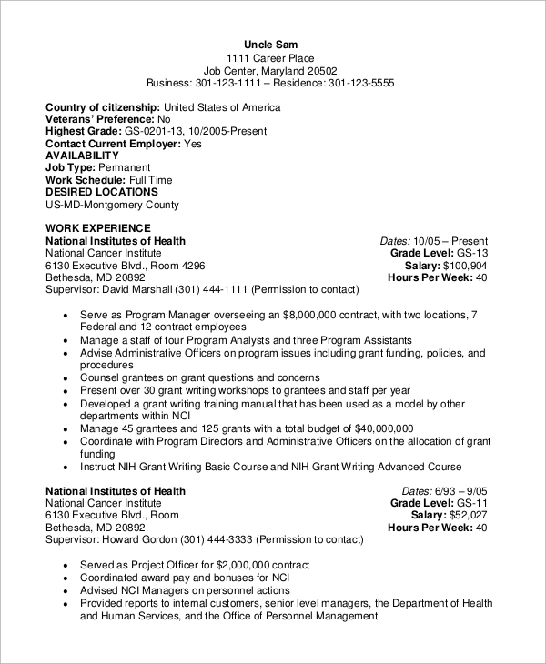 FREE 8 Sample Federal Resume Templates In MS Word PDF