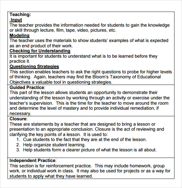 FREE 9 Sample Madeline Hunter Lesson Plan Templates In PDF MS Word