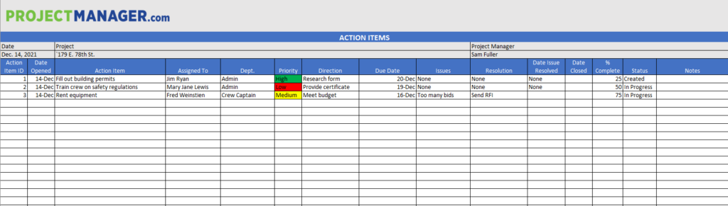 Free Action Items Template For Excel ProjectManager