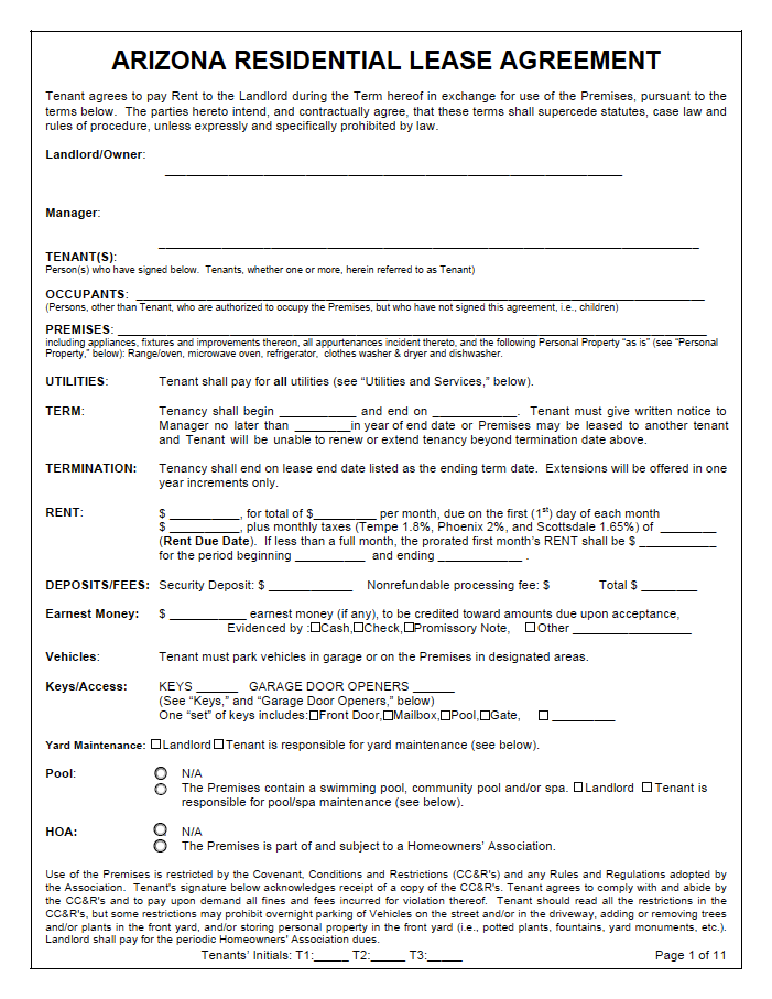 Free Arizona Standard Residential Lease Agreement PDF