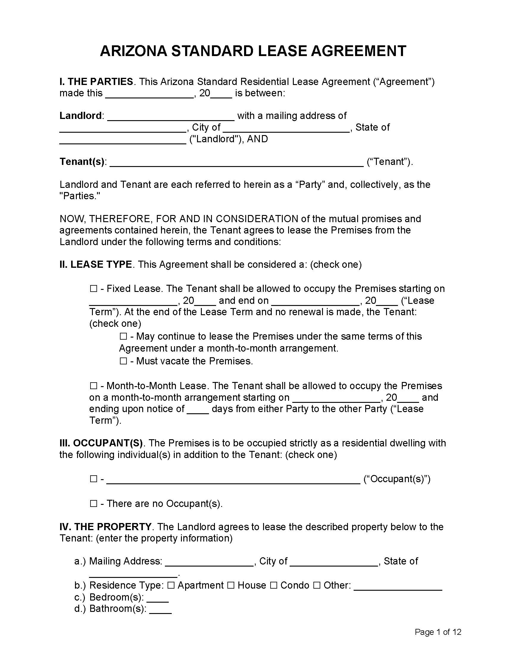 Free Arizona Standard Residential Lease Agreement Template PDF Word
