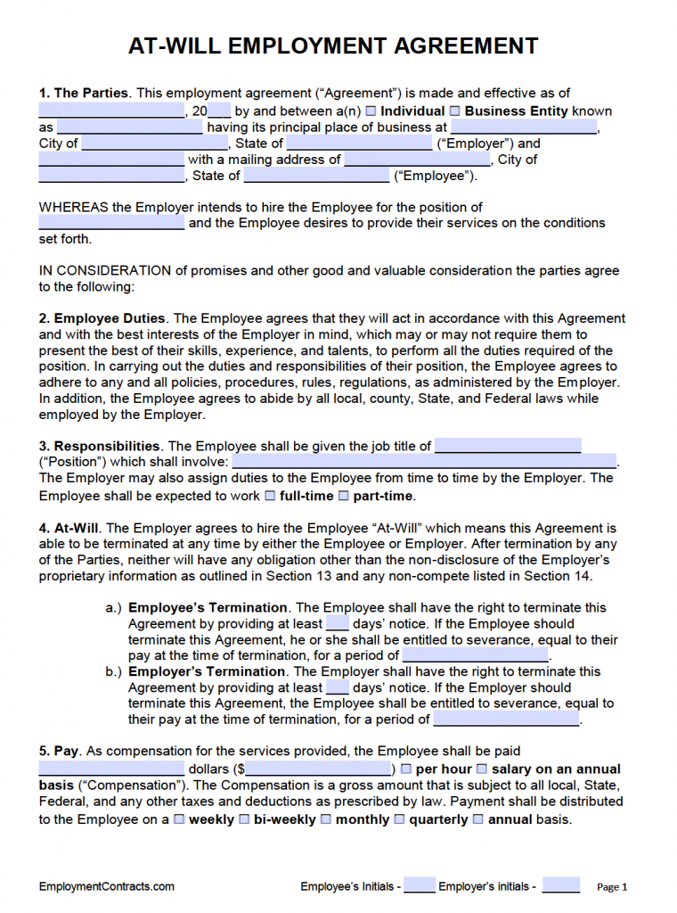 Free At Will Employment Contract Template PDF Word