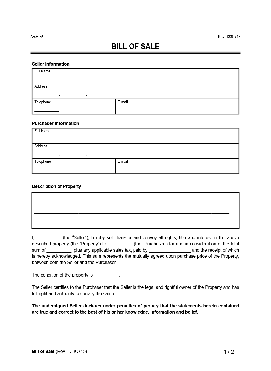 Free Bill Of Sale Form PDF Word Legal Templates