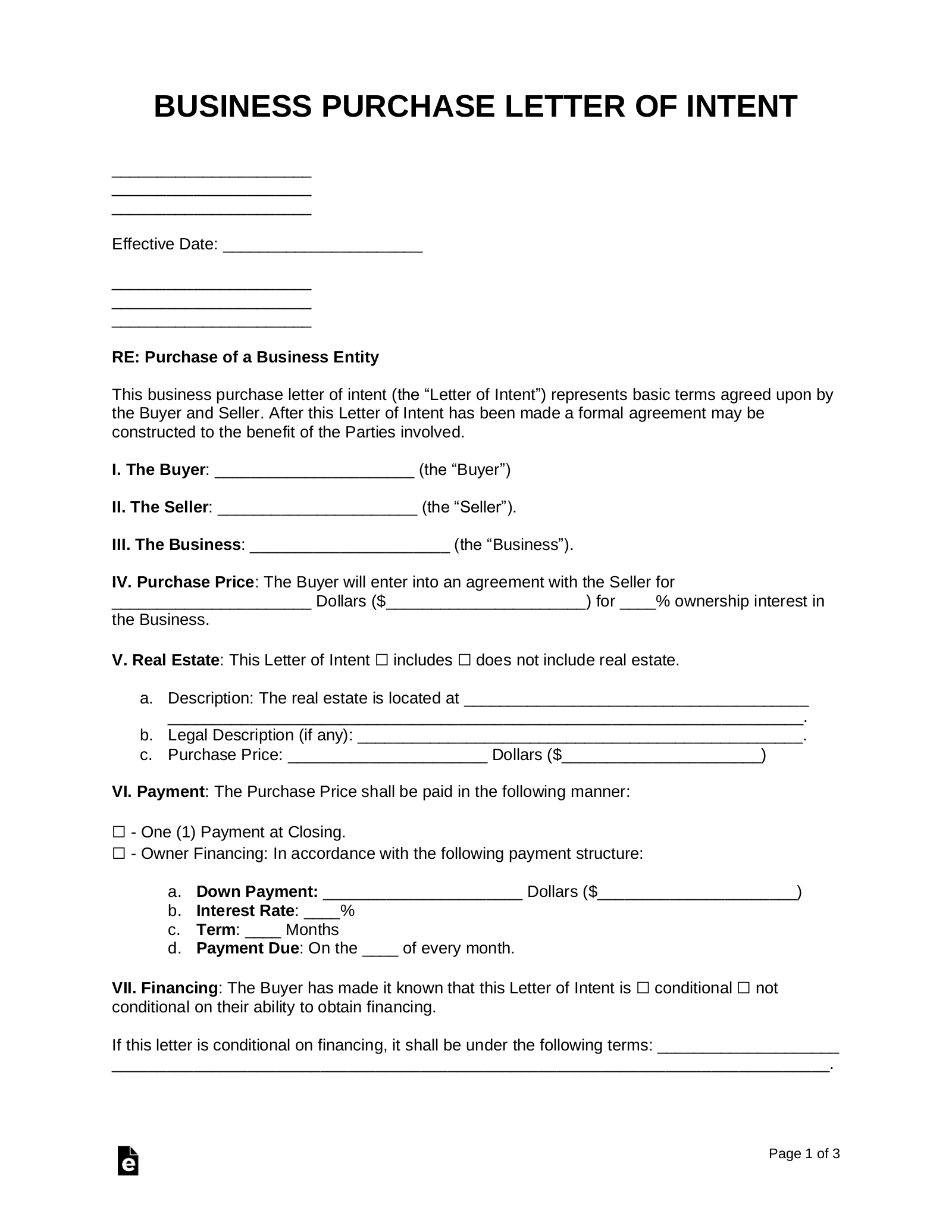 Free Business Purchase Letter Of Intent Template PDF Word EForms