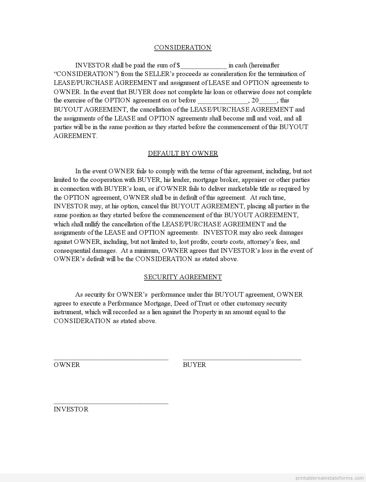 FREE Buyout Agreement FORM Printable Real Estate Forms Real Estate 