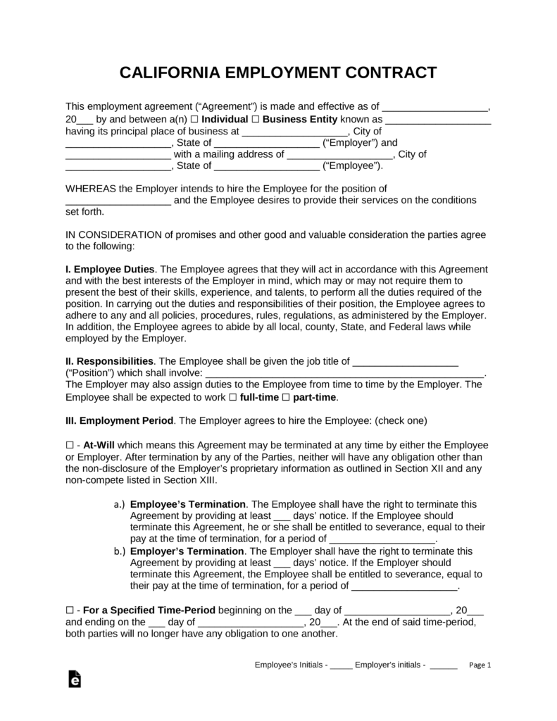 Free California Employment Contract PDF Word EForms