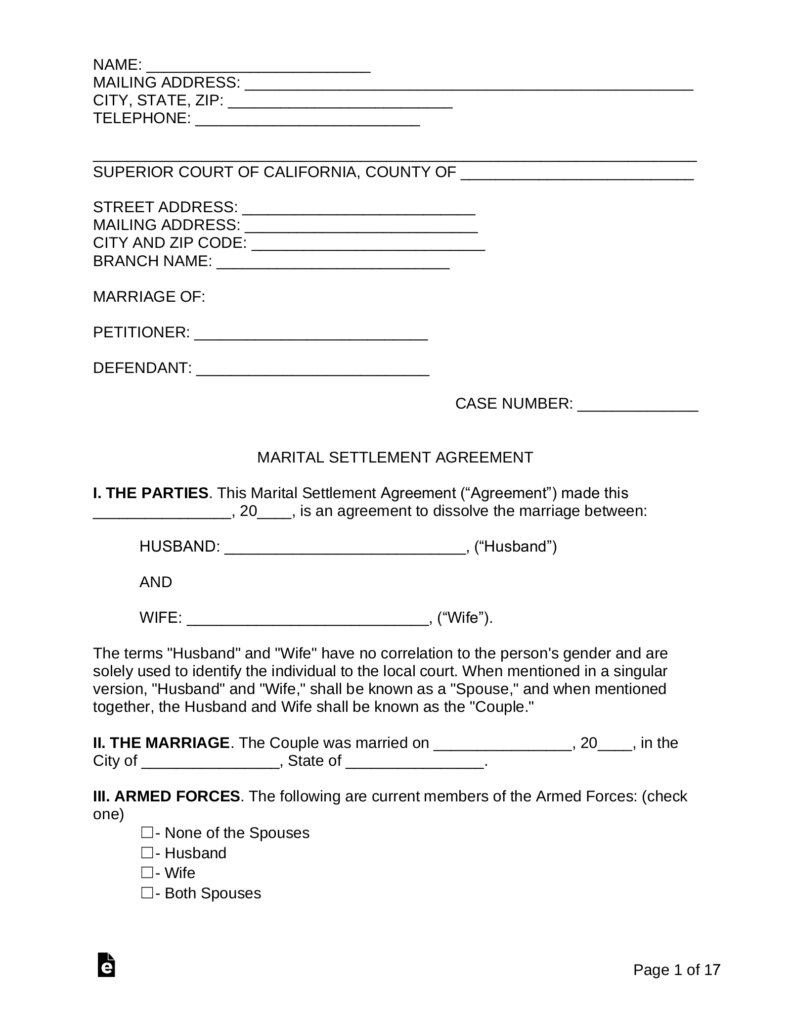 Free California Marital Settlement Agreement PDF Word EForms