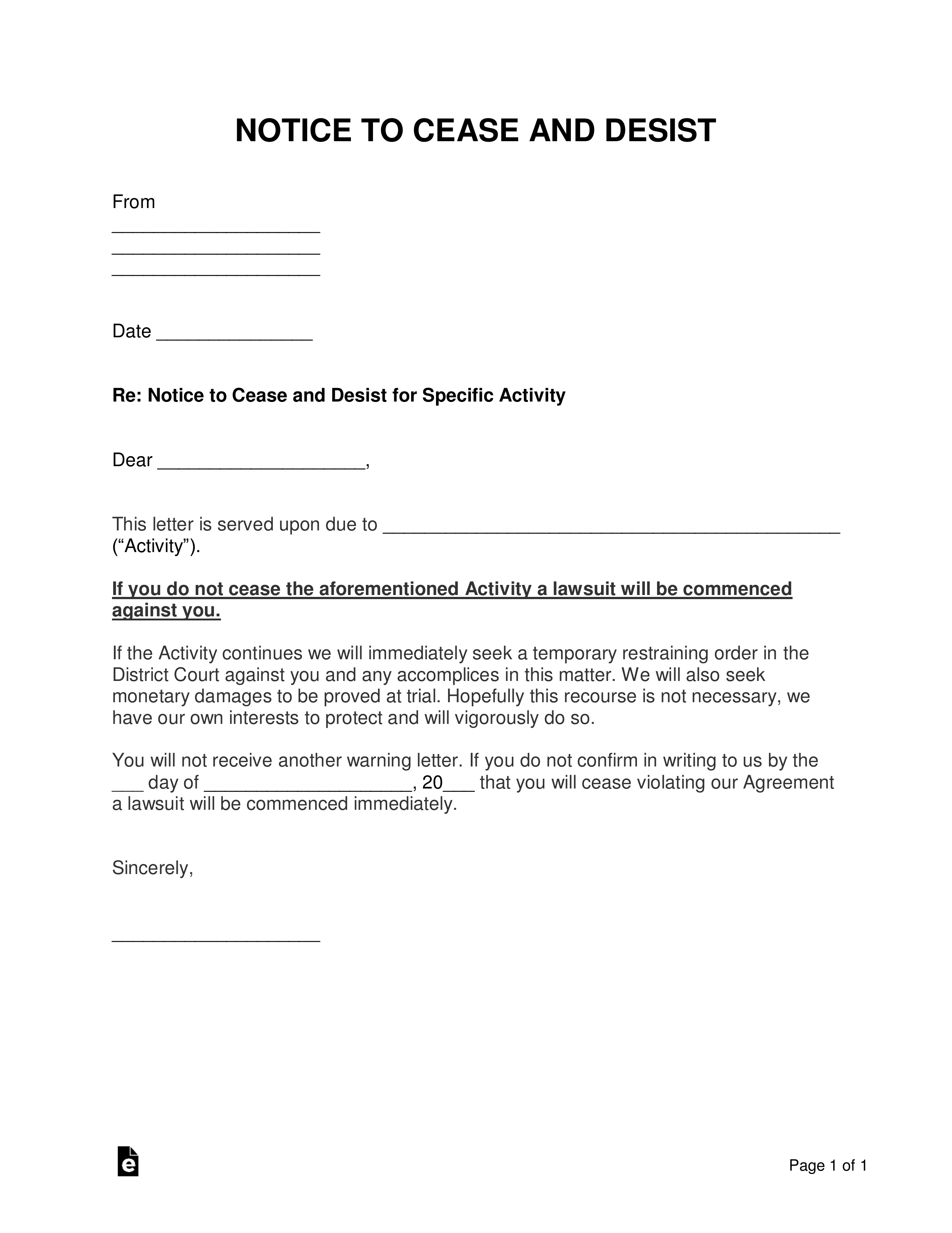 Free Cease And Desist Letter Templates With Sample Word PDF EForms