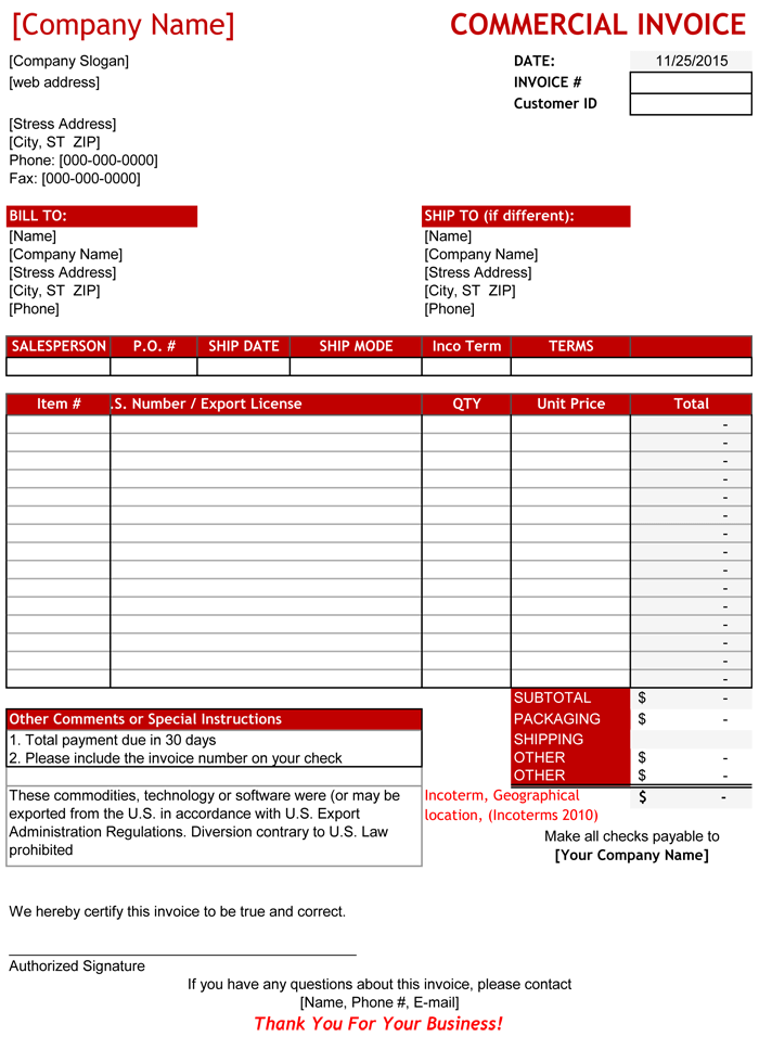 Free Commercial Invoice Templates Excel Word PDF 