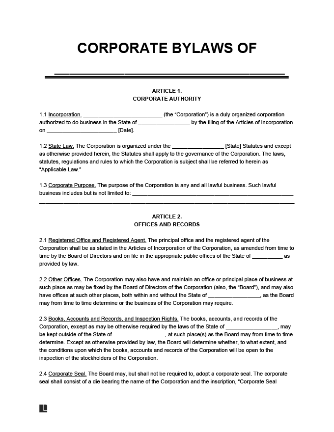 Free Corporate Bylaws Template Download Print PDF Word 