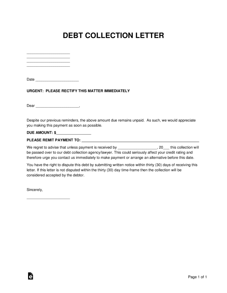 Free Debt Collections Letter Template Sample Word PDF EForms