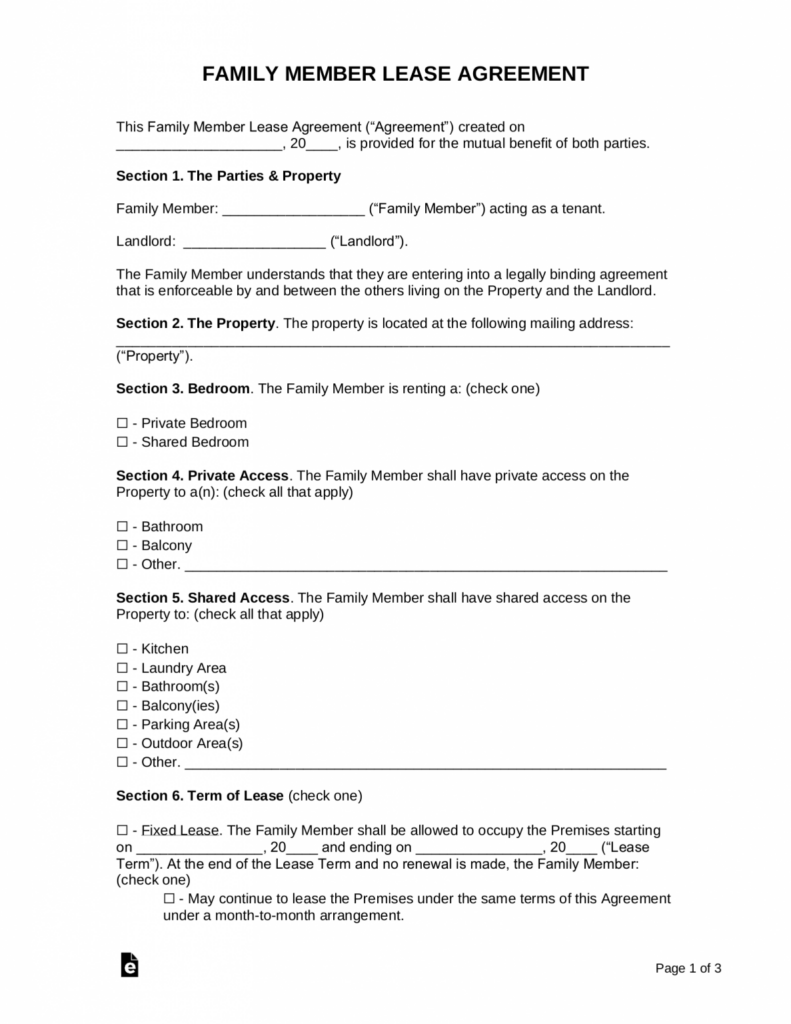 Free Family Member Lease Agreement Template Word PDF EForms