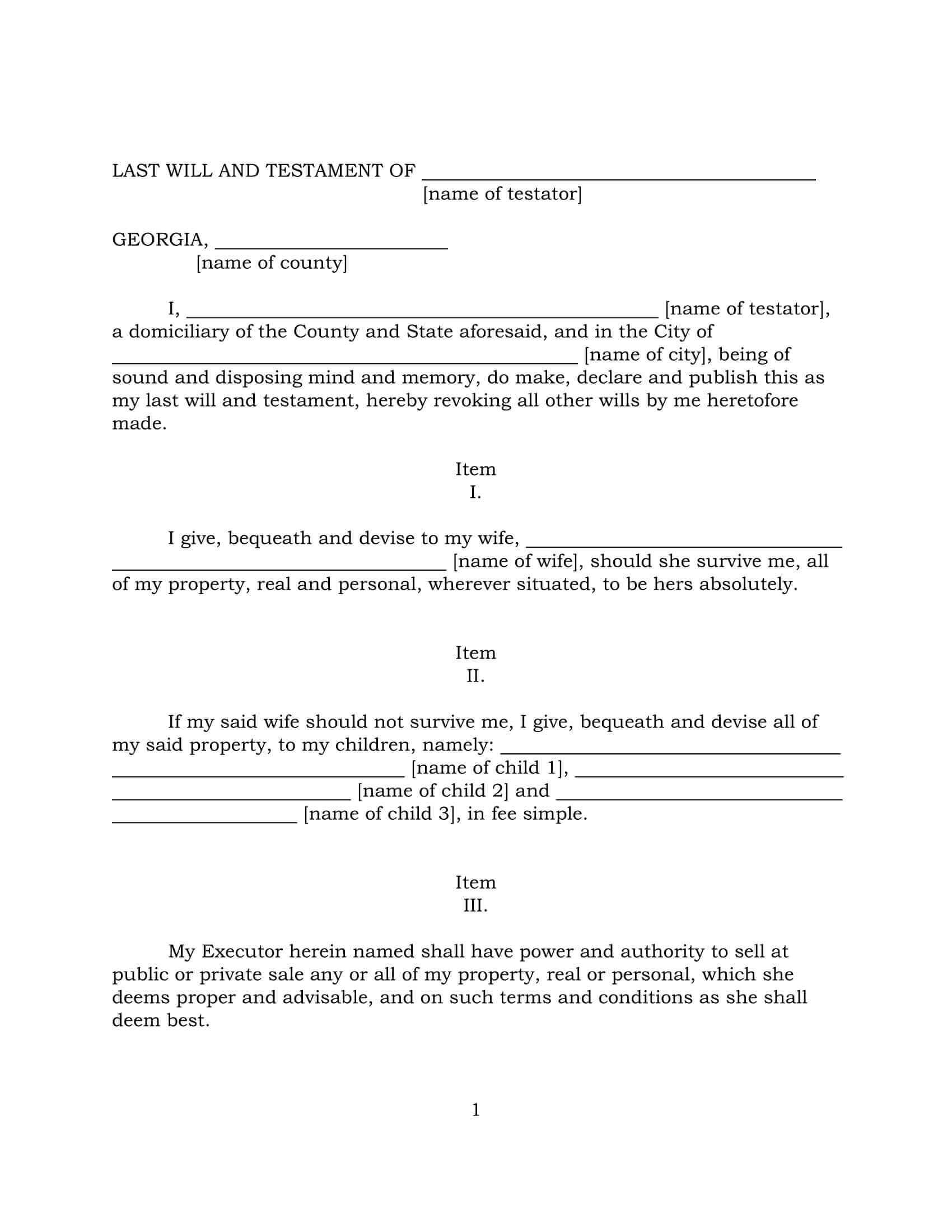 Free Georgia GA Last Will And Testament Template Fillable Forms