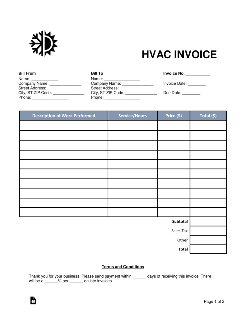 Free HVAC Invoice Template Word PDF EForms