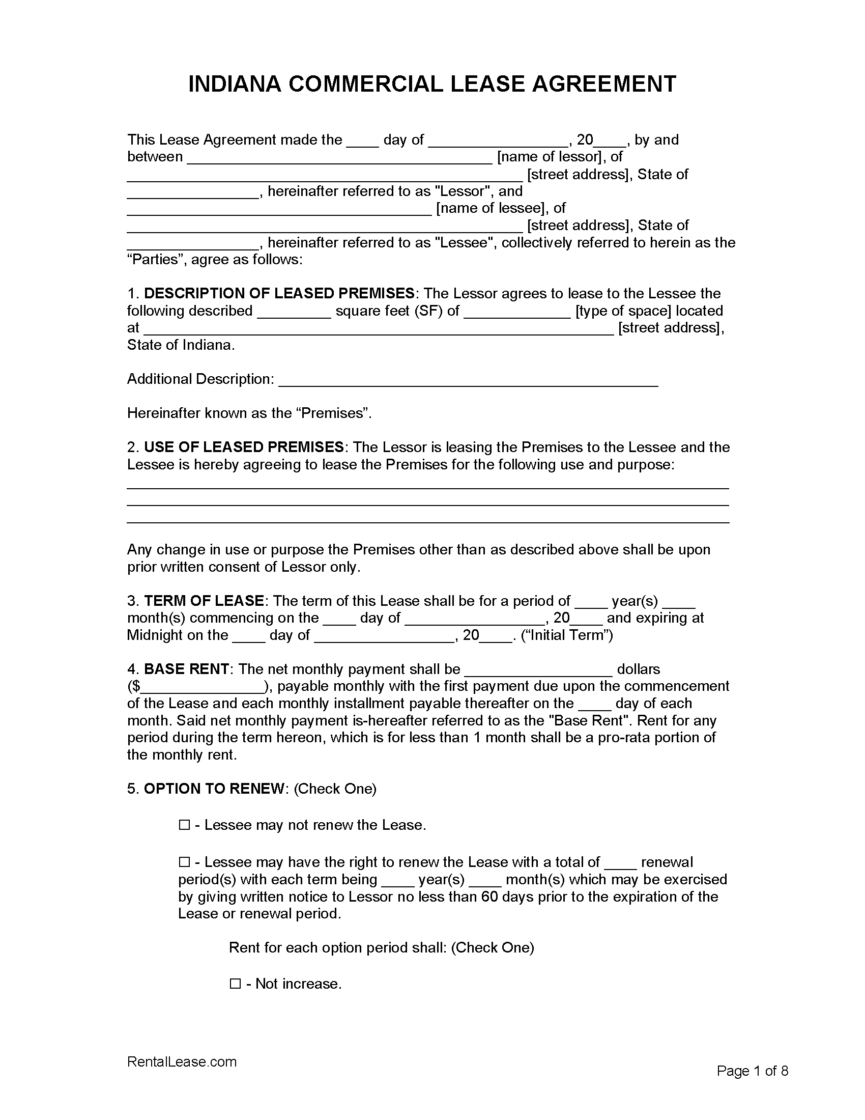 Free Indiana Rental Lease Agreement Templates PDF Word