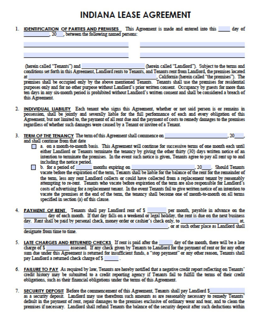 Free Indiana Standard Residential Lease Agreement Template PDF Word